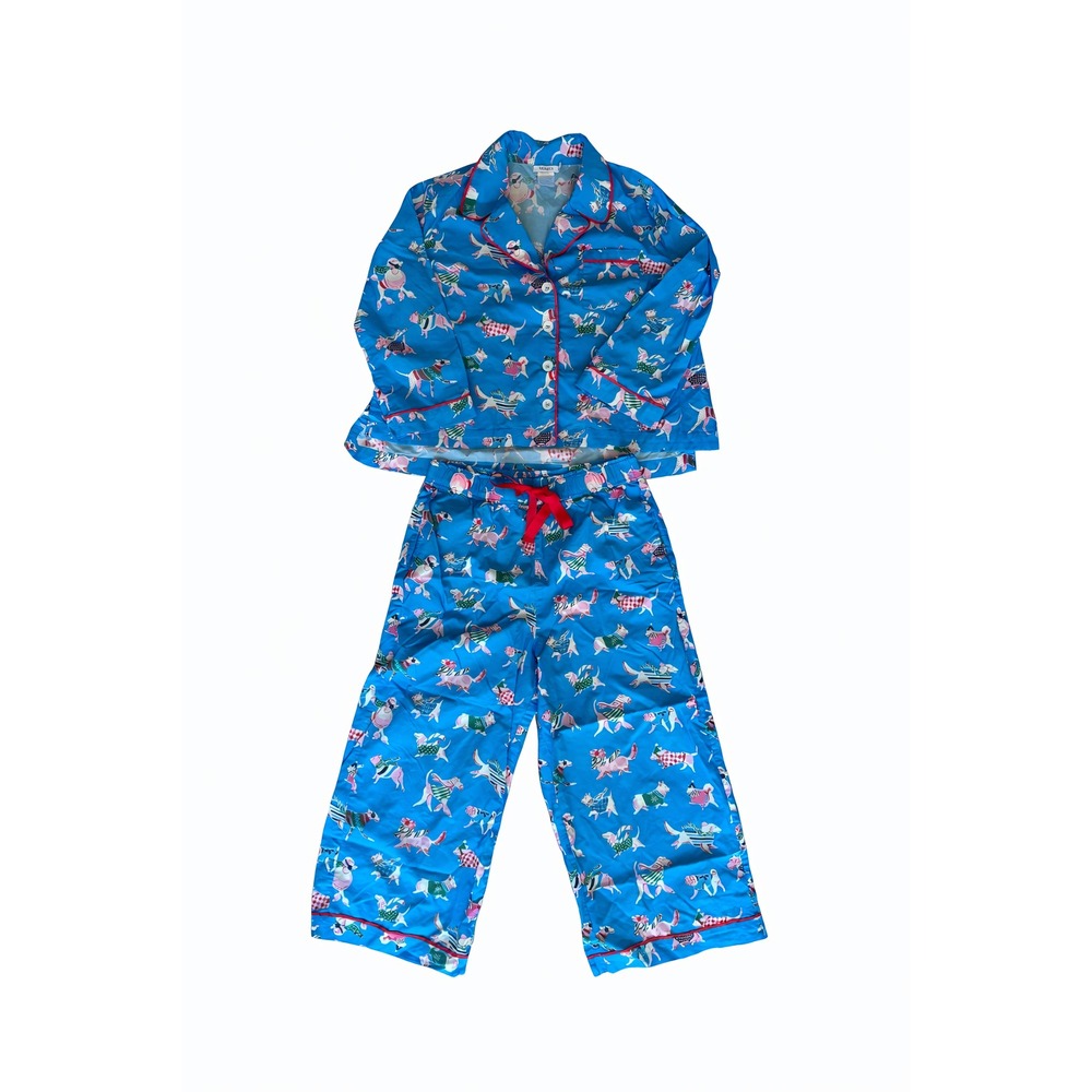 MERSEA Women's M Blue Dog Print Cotton Pajama Set Long Sleeve Button Top & Pants